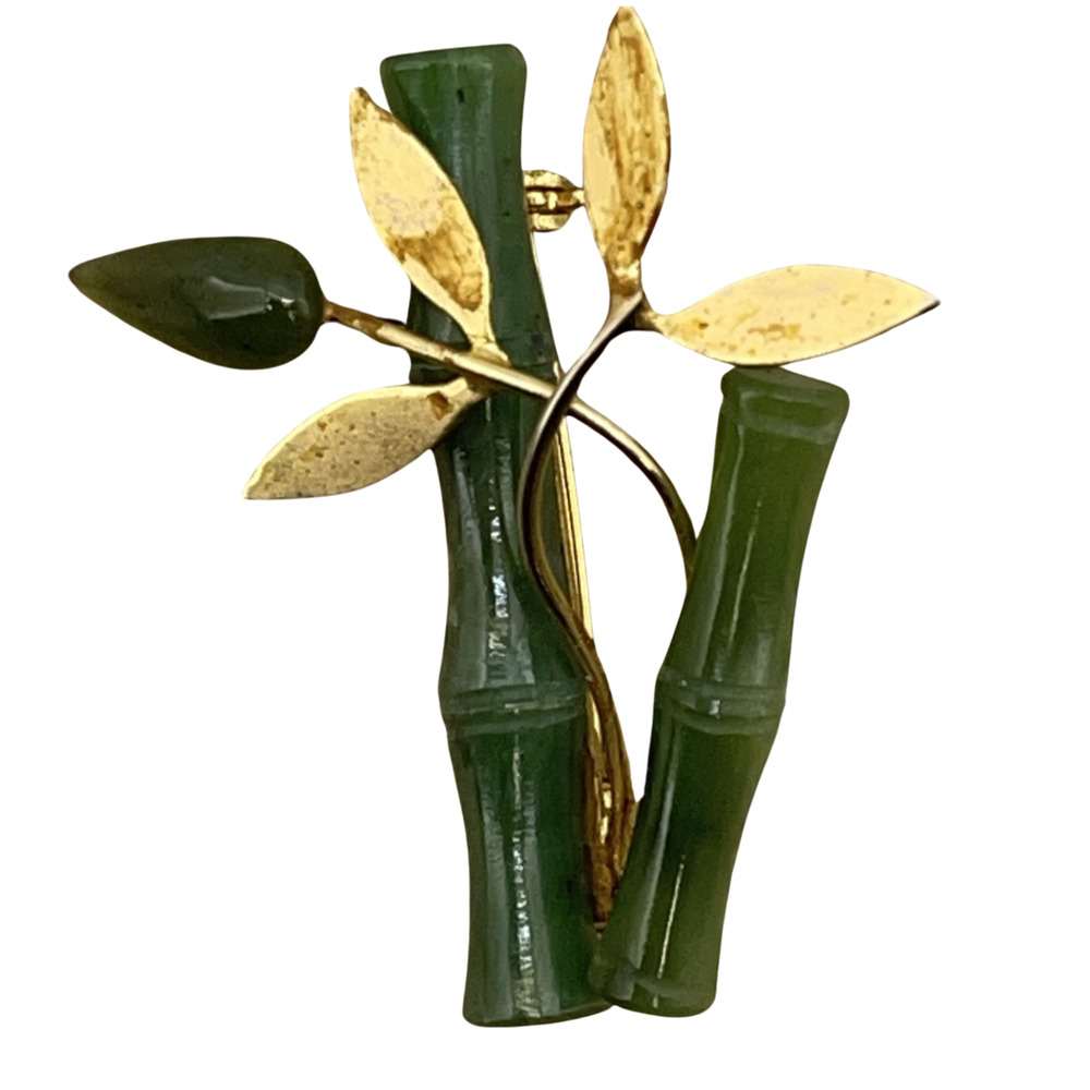 Vintage Nephrite Jade Bamboo Brooch Gold Tone Carved Stick Pin Asian Style